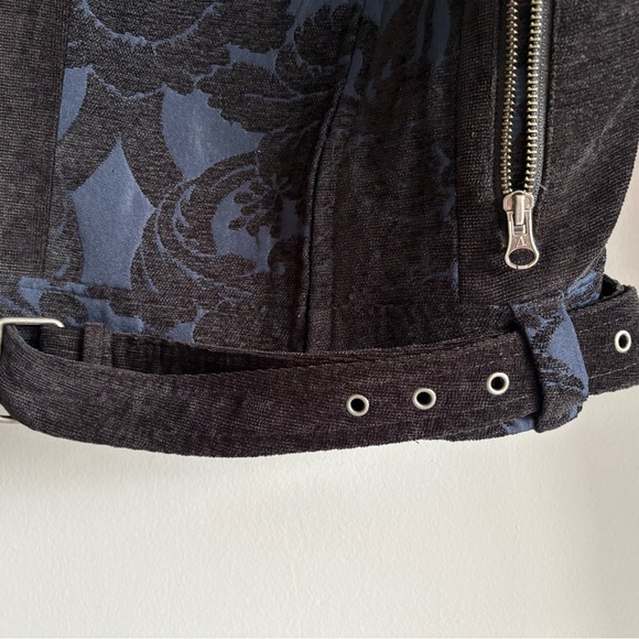 Geisha Denim Damask Moto Jacket Size S Blue Black Belted Biker Jacket - Picture 8 of 10